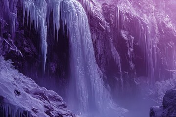 Frozen waterfall cascading down a cliff face, icy formations and winter wonderland scenery.