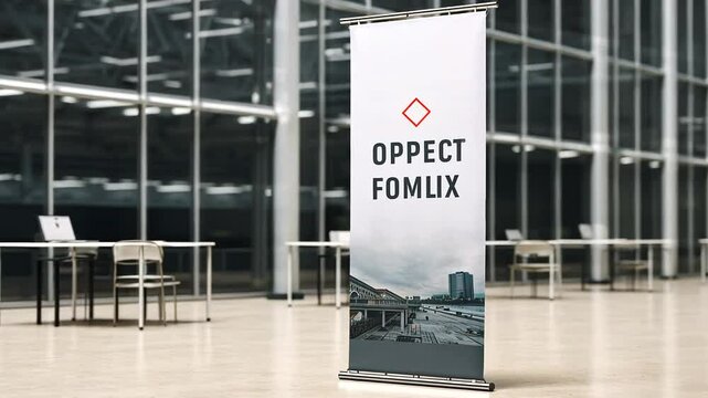 Modern office interior featuring a retractable banner stand