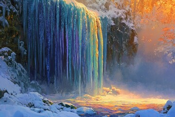 A breathtaking winter waterfall, frozen in time, bathed in the golden light of sunset.