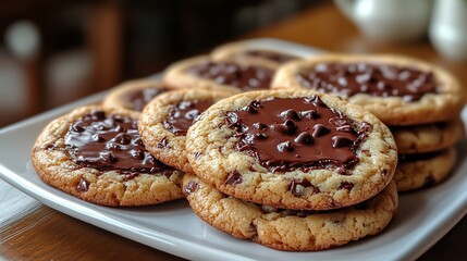 Classic American chocolate chip cookies gooey melted chocolate and crispy edges arranged on a white plate isolated a popular homemade bakery treat