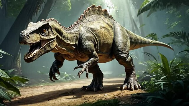 An aggressive dinosaur standing tall in a prehistoric jungle scene