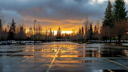 Sunset reflections in a wet parking lot with pine trees lining the view near a shopping area - Powered by Adobe