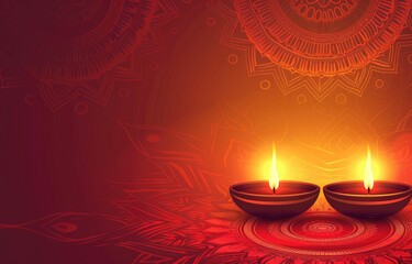 Happy Diwali celebration background. front view of banner design decorated with illuminated oil lamps on patterned red background. Vector watercolor style. text Digital corollary