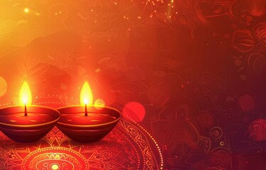 Happy Diwali celebration background. front view of banner design decorated with illuminated oil lamps on patterned red background. Vector watercolor style. text Digital corollary
