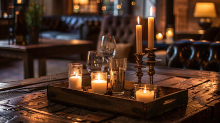 table with candles on wooden tray