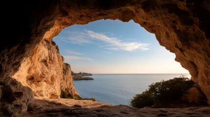 Coastal cave view, sea and cliffs, sunlit sky