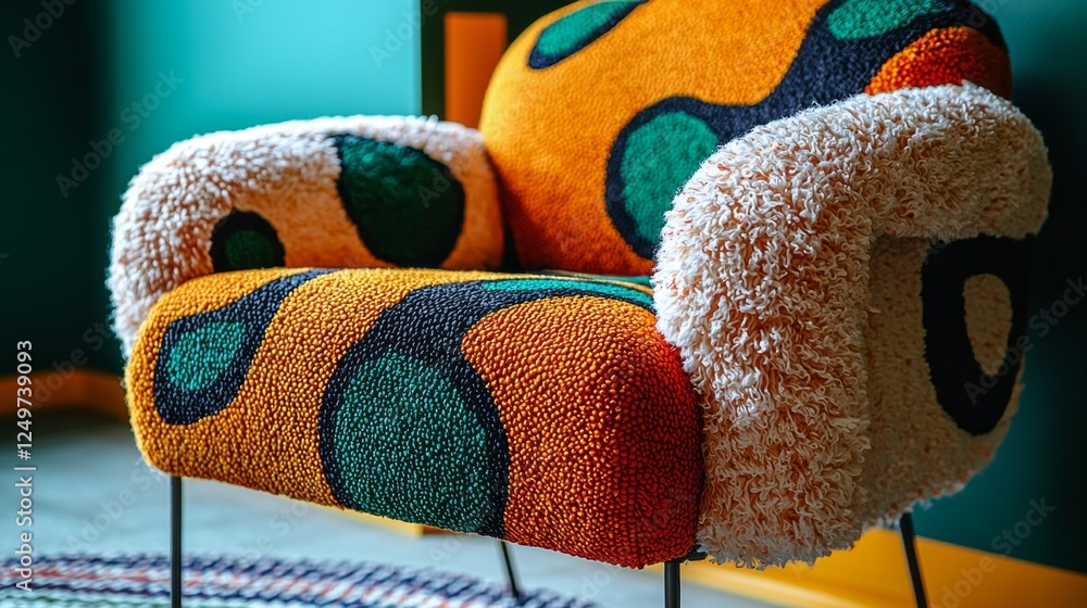 Poster A playful lounge chair with bold colors and soft textures adds character to the stylish room adorned in rich hues. Natural light highlights its unique patterns and inviting design