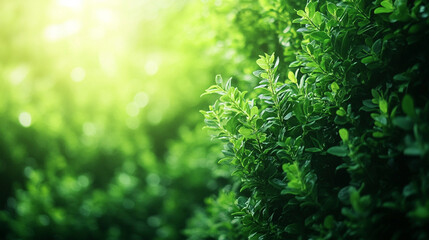 A thuja hedge with a vibrant green texture creates a modern, bright background, symbolizing peace, growth, and natural beauty, offering an empty space for captions and representing calm amid chaos