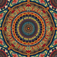 A large central circle surrounded by smaller circles, all set against a blue background with a red and yellow border. Vector patterns, random pattern