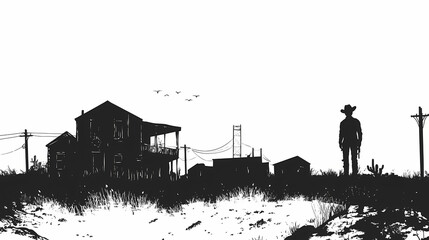 Obraz premium Ghost town silhouette, illustration isolated on white background. Ghost Towns & Abandoned Places. Illustration
