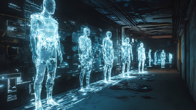 Ghostly digital figures in a futuristic cyberpunk setting with neon lights and data screens. Ghost Towns & Abandoned Places. Illustration