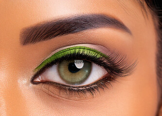 Obraz premium a close-up of a person's eye. The eye is green and has long, full lashes. The eyeliner is a bright green color and is applied in a way that creates a dramatic look