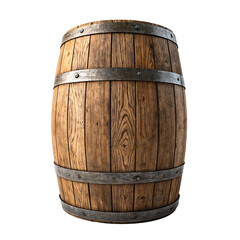 Rustic wooden barrel with metal hoops isolated on transparent background