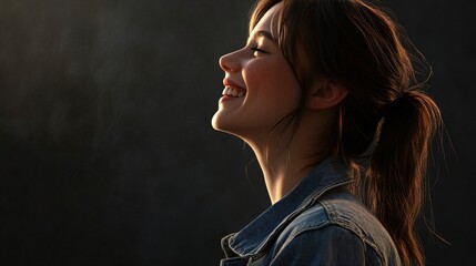 Smiling Woman with Denim Jacket Exhibits Confidence and Positivity