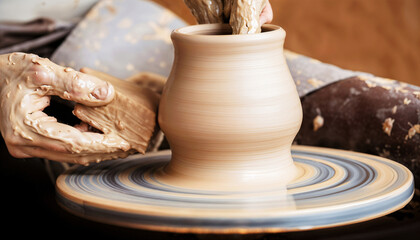 Artisan Pottery Crafting A Dedicated Sculptor Fully Engaged in His Work on the Wheel