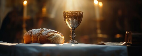 grail with bread and chalice of wine. Communion in Holy mass.