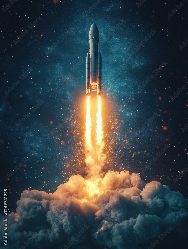 Poster creative launching rocket in starry dark sky. startup and exploration concept. 3d rendering.