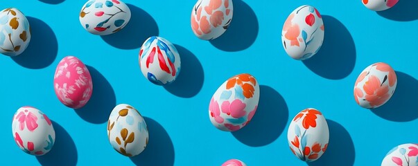 Hand painted Easter eggs decorate a bright blue background for spring celebrations