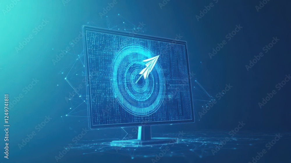 Poster business concept. arrow on target board on computer monitor screen. the company's digital sales targ
