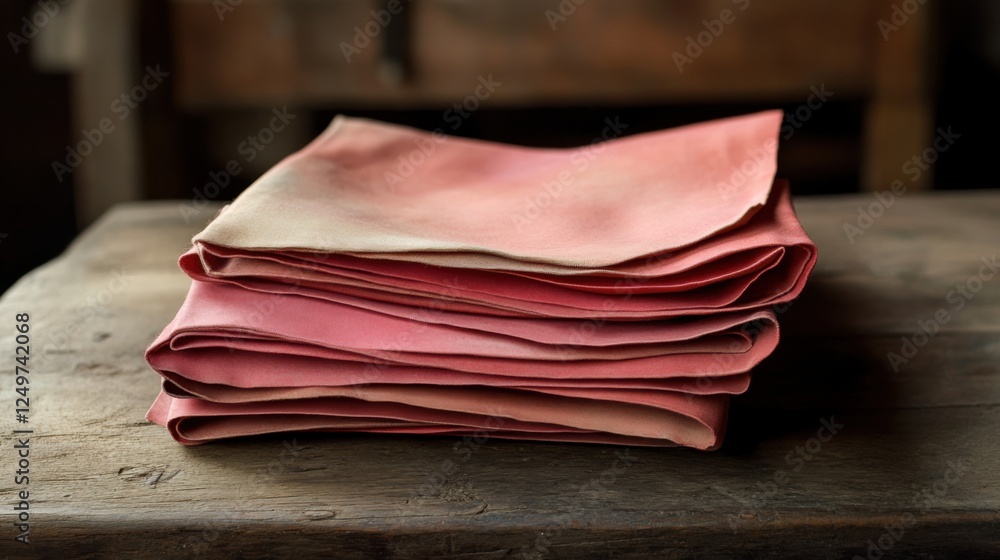 Poster stacked fabric napkins in warm tones resting on a rustic wooden table in a cozy setting