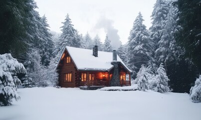 A snowy outdoor scene featuring a cozy log cabin with smoke curling from the chimney, surrounded by frosted evergreens
