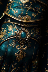 A close-up of an ornate, golden-embroidered glove with a gemstone on the wrist.