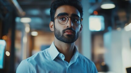 Obraz premium Young indian marketing business manager expert in glasses standing in modern corporate office using digital tablet device searching analyzing project results. Business technologies concept.