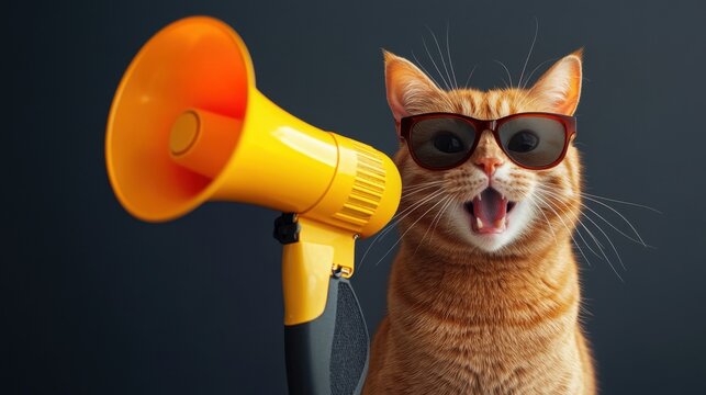 A red cat is wearing sunglasses and speaking into a yellow megaphone. Business sales and marketing, discount