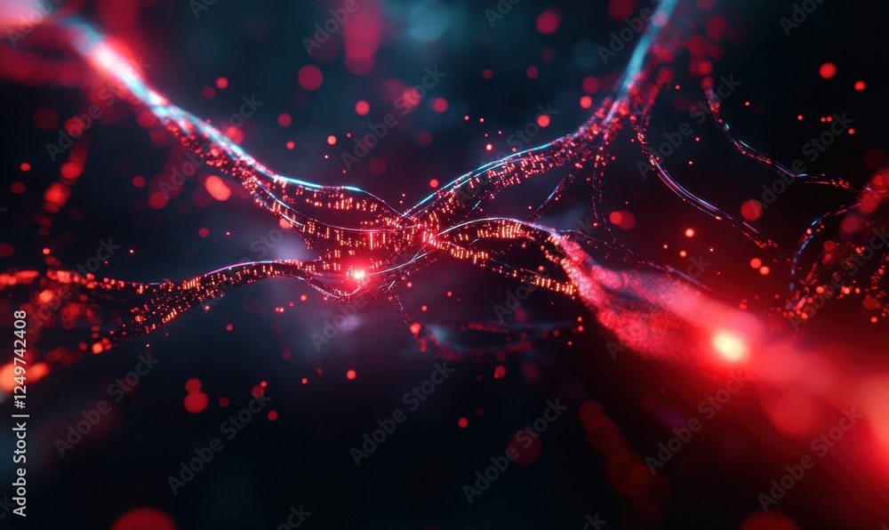 Poster abstract dna strands intertwining with bright red data lines glowing in a dark background, futuristi