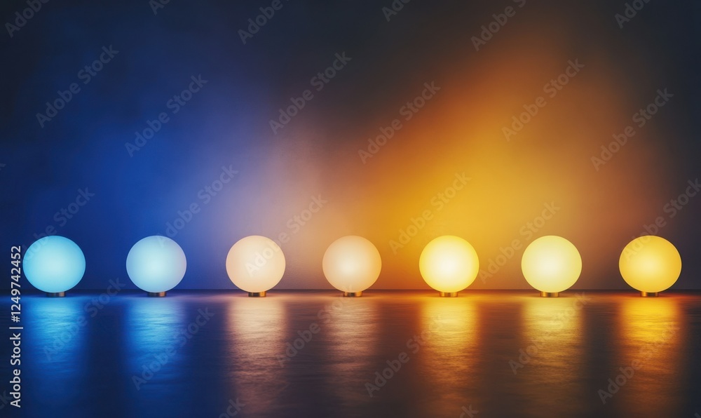 Poster abstract glowing orbs of light arranged in a soft gradient, blending from deep blues to golden tones