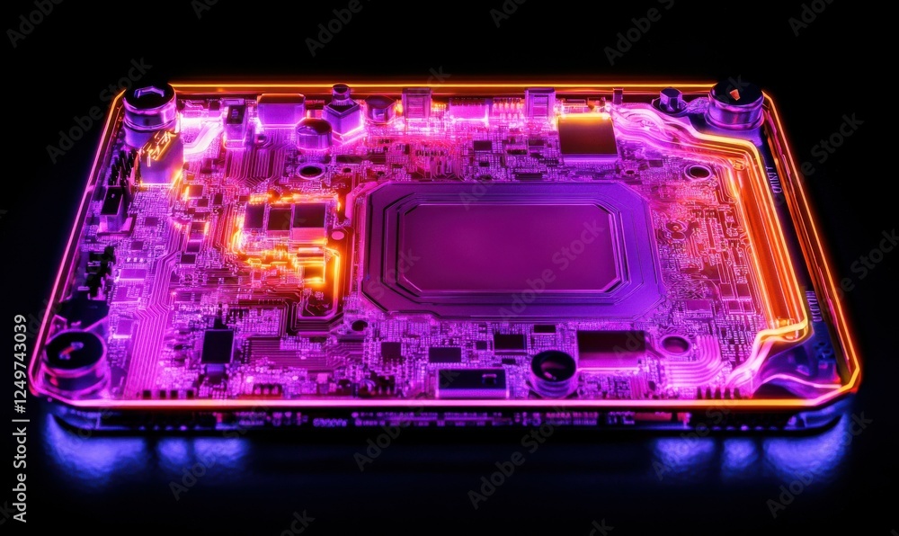Poster advanced neon holographic ai chip embedded in a sleek motherboard, glowing in purple and orange, fut