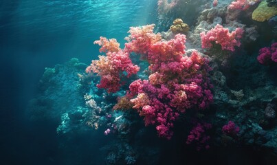 Naklejka premium Aerial shot of a coral reef teeming with marine life in turquoise waters, showcasing the vibrant ecosystem and natural beauty of the ocean.