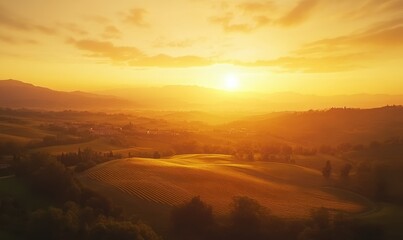 Obraz premium Aerial view of a vineyard stretching into the horizon under the soft golden light of sunset, showcasing the beauty of winemaking regions.