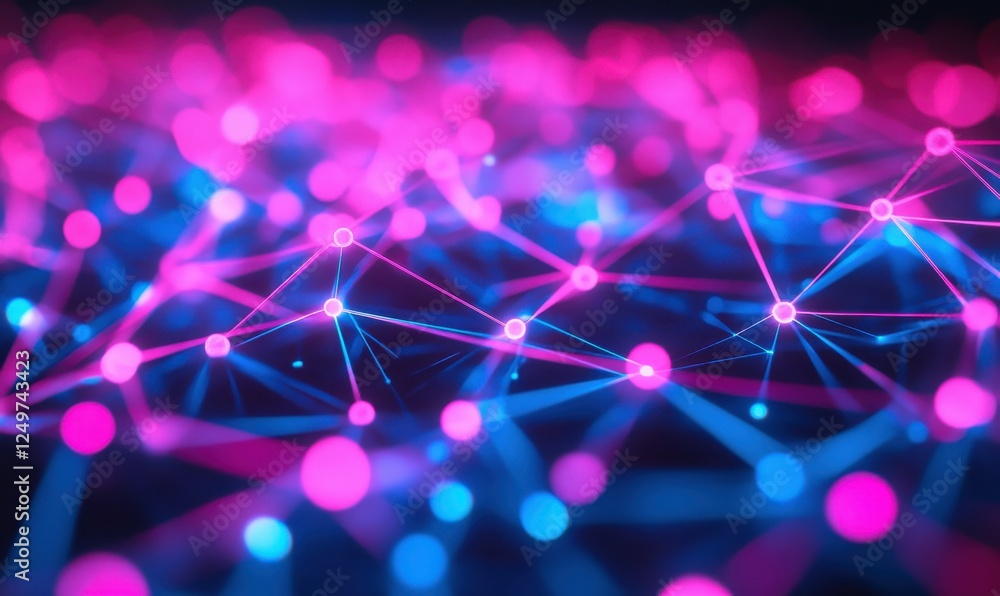 Poster array of colorful neon lines forming a complex interconnected data grid, vibrant pink and blue tones