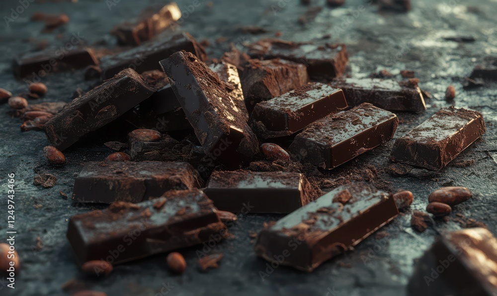 Poster artful composition of broken chocolate bars with cocoa beans scattered on a textured slate surface, 