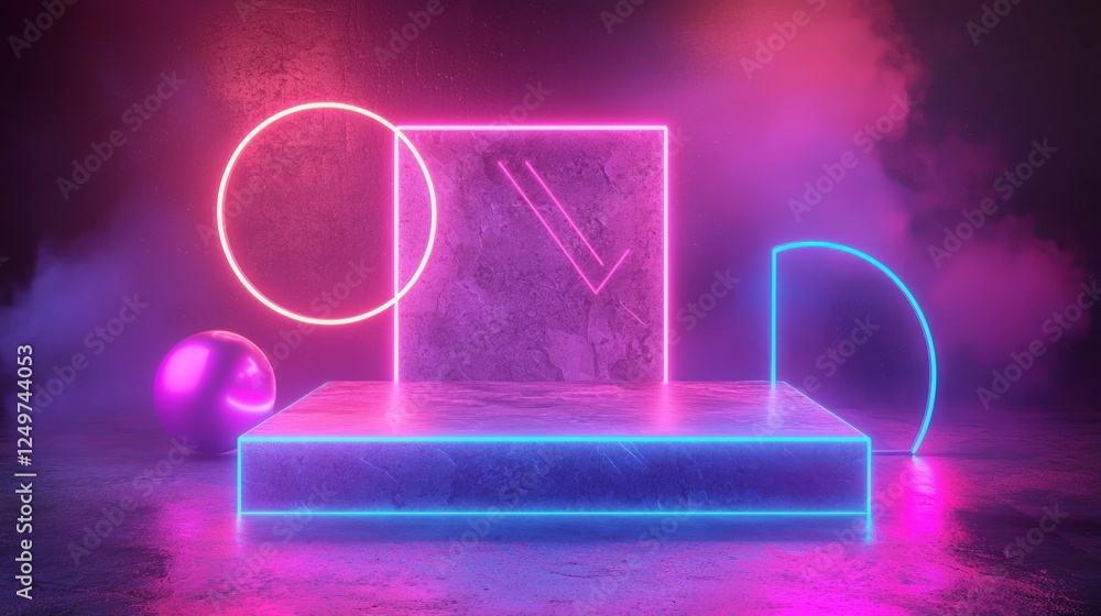 Poster glowing geometric shapes illuminate a stone podium, creating an atmospheric showcase for advertising