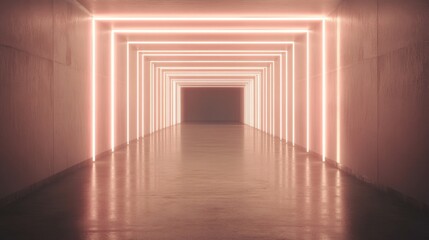 Pink neon lights illuminate a long corridor.  Background dark, reflective floor. Use Sci-fi...