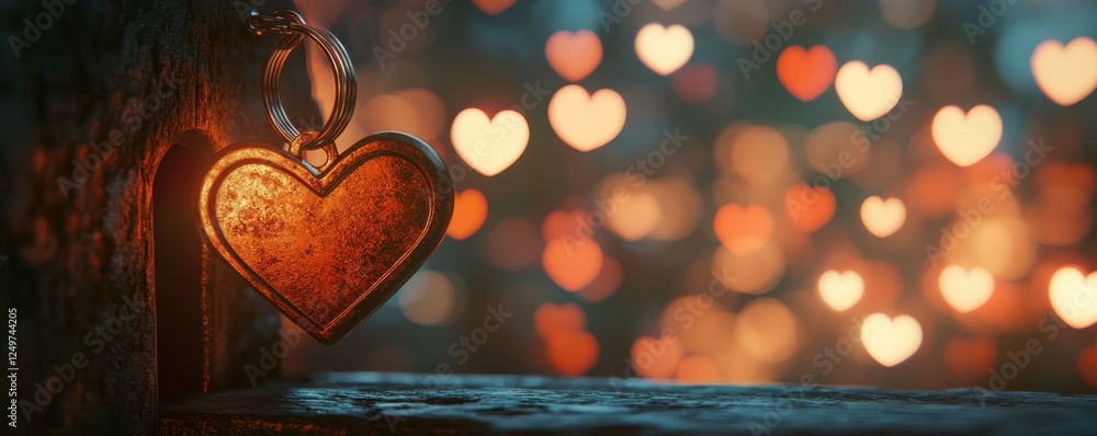 Aufkleber heart shaped key with a keyhole surrounded by a soft bokeh of heart shapes at night