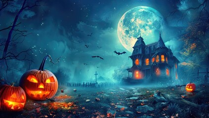 Halloween Background with Spooky Pumpkins, Haunted House, and Scary Trees in Cartoon Style