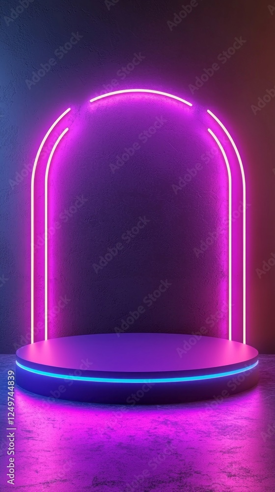 Poster this striking abstract setting features a vibrant neon-lit podium and arch, designed to enhance prod