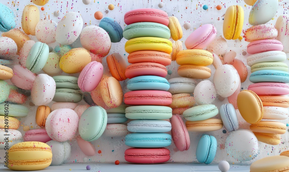 Poster assortment of colorful macarons stacked in a delicate pattern, creating a playful and elegant desser