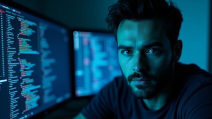 Focused programmer in a dimly lit tech environment