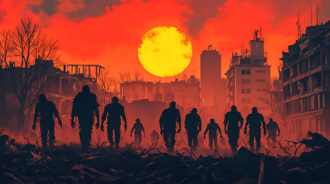 Silhouette of group of zombies horde walking in the destroyed ruins of a city after zombie apocalypse outbreak. Ghost Towns & Abandoned Places. Illustration
