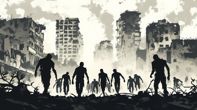 Silhouette of group of zombies horde walking in the destroyed ruins of a city after zombie apocalypse outbreak. Ghost Towns & Abandoned Places. Illustration