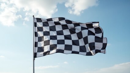 Waving black and white checkered flag against cloudy sky