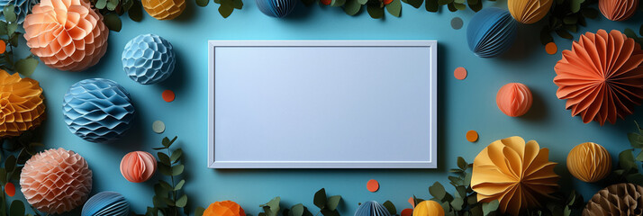 Decorative paper balls surrounding a blank frame on a vibrant teal background