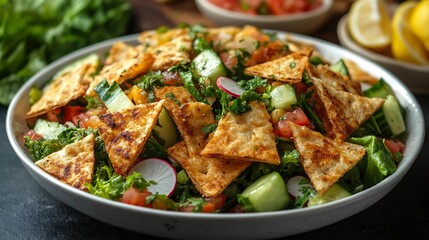 Fattoush salad lettuce cucumber tomatoes radish and crispy pita chips served with lemon dressing isolated on a white plate a light Lebanese lunch
