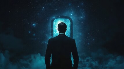 Back view of young businessman standing against keyhole door on starry sky background. Dream, success, opportunity and startup concept