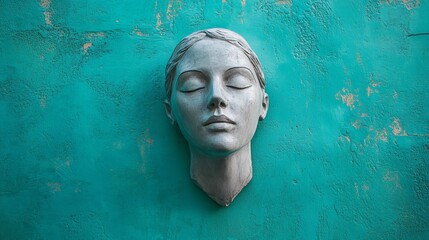 Peaceful Face Sculpture on Teal Wall: A Moment of Serenity