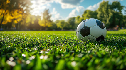 Fototapeta premium A black and white soccer ball resting on a fresh green grass field with white daisy flowers under bright daylight, evoking a sense of anticipation and play